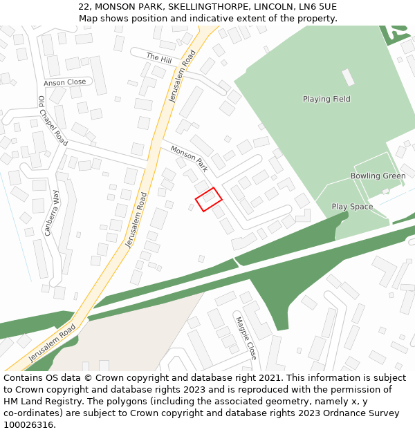 22, MONSON PARK, SKELLINGTHORPE, LINCOLN, LN6 5UE: Location map and indicative extent of plot