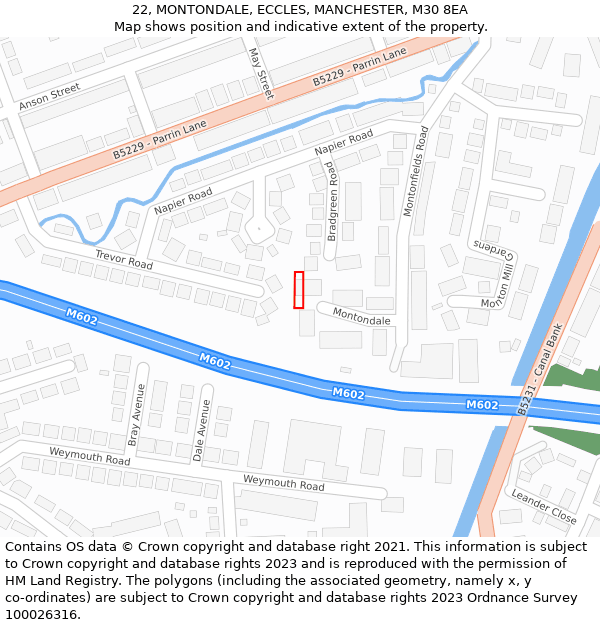 22, MONTONDALE, ECCLES, MANCHESTER, M30 8EA: Location map and indicative extent of plot