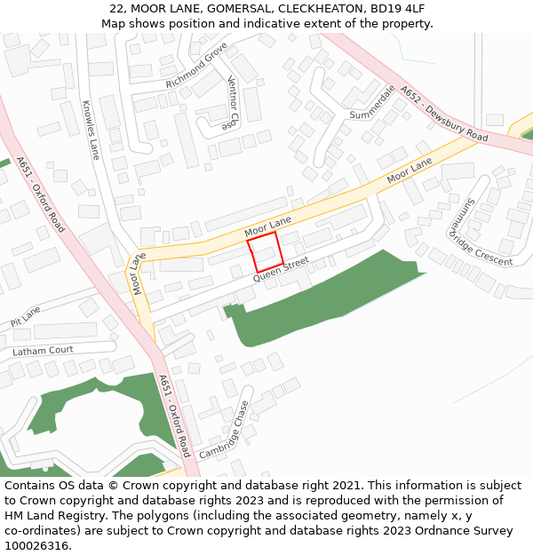 22, MOOR LANE, GOMERSAL, CLECKHEATON, BD19 4LF: Location map and indicative extent of plot