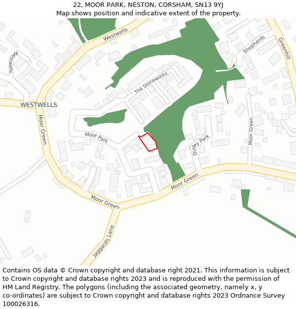 22, MOOR PARK, NESTON, CORSHAM, SN13 9YJ: Location map and indicative extent of plot