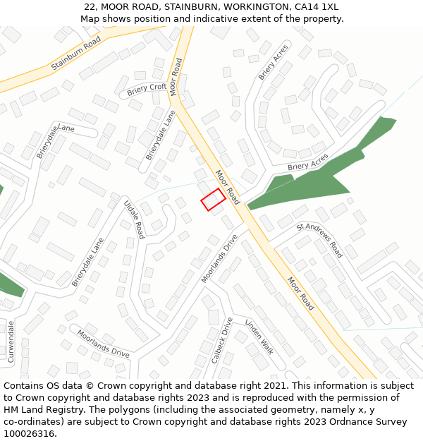 22, MOOR ROAD, STAINBURN, WORKINGTON, CA14 1XL: Location map and indicative extent of plot