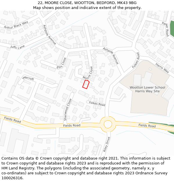 22, MOORE CLOSE, WOOTTON, BEDFORD, MK43 9BG: Location map and indicative extent of plot