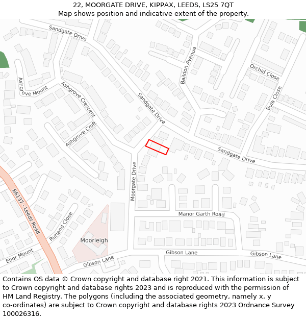 22, MOORGATE DRIVE, KIPPAX, LEEDS, LS25 7QT: Location map and indicative extent of plot