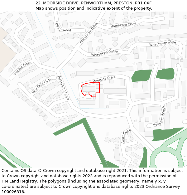 22, MOORSIDE DRIVE, PENWORTHAM, PRESTON, PR1 0XF: Location map and indicative extent of plot