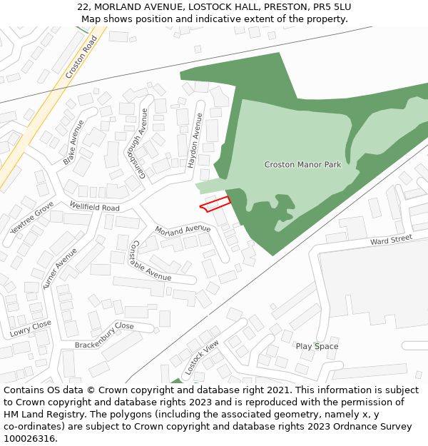 22, MORLAND AVENUE, LOSTOCK HALL, PRESTON, PR5 5LU: Location map and indicative extent of plot