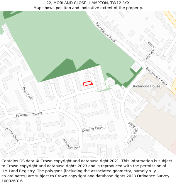 22, MORLAND CLOSE, HAMPTON, TW12 3YX: Location map and indicative extent of plot