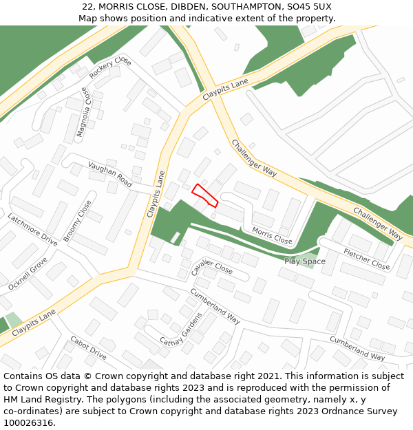 22, MORRIS CLOSE, DIBDEN, SOUTHAMPTON, SO45 5UX: Location map and indicative extent of plot