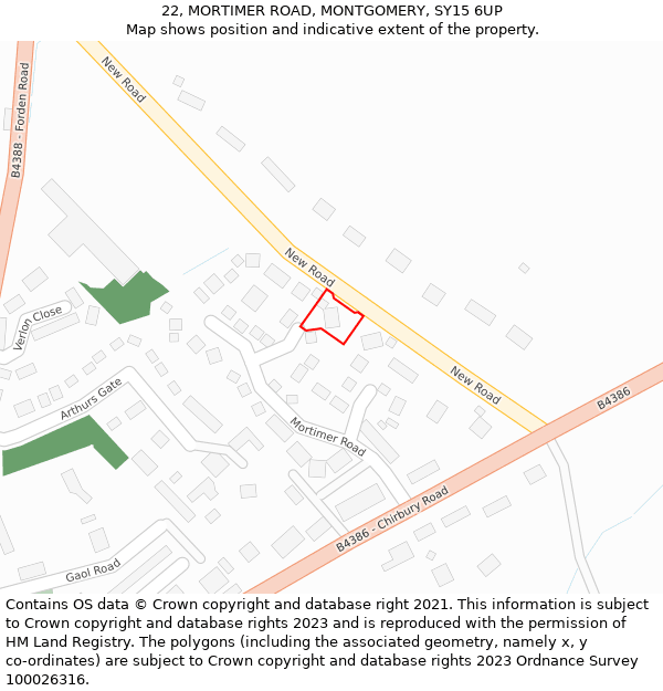 22, MORTIMER ROAD, MONTGOMERY, SY15 6UP: Location map and indicative extent of plot