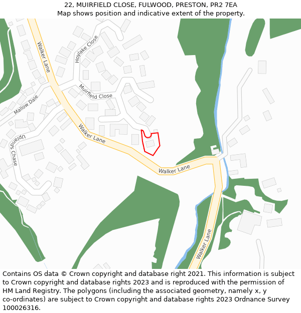 22, MUIRFIELD CLOSE, FULWOOD, PRESTON, PR2 7EA: Location map and indicative extent of plot