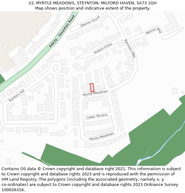 22, MYRTLE MEADOWS, STEYNTON, MILFORD HAVEN, SA73 1GH: Location map and indicative extent of plot