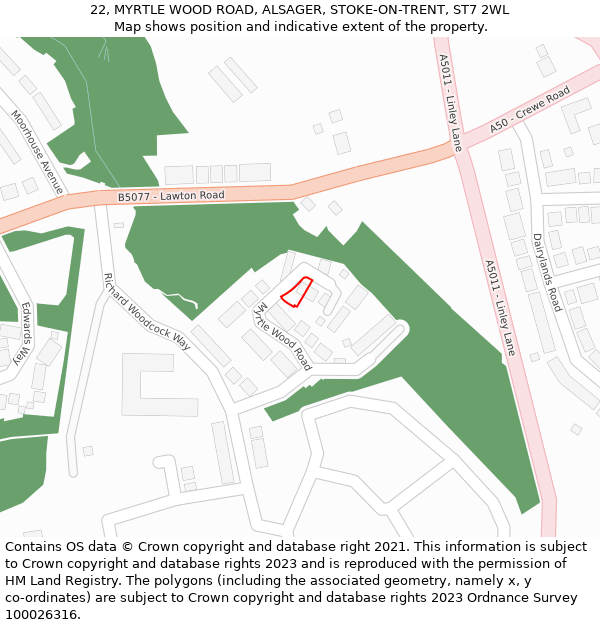 22, MYRTLE WOOD ROAD, ALSAGER, STOKE-ON-TRENT, ST7 2WL: Location map and indicative extent of plot