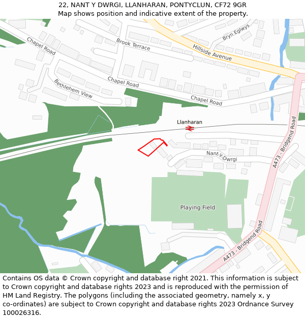 22, NANT Y DWRGI, LLANHARAN, PONTYCLUN, CF72 9GR: Location map and indicative extent of plot