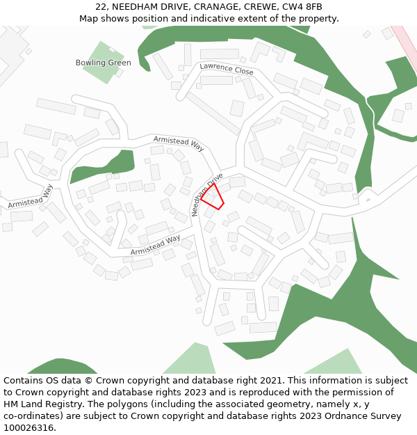 22, NEEDHAM DRIVE, CRANAGE, CREWE, CW4 8FB: Location map and indicative extent of plot