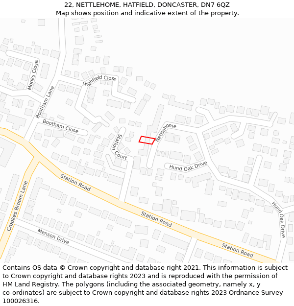 22, NETTLEHOME, HATFIELD, DONCASTER, DN7 6QZ: Location map and indicative extent of plot