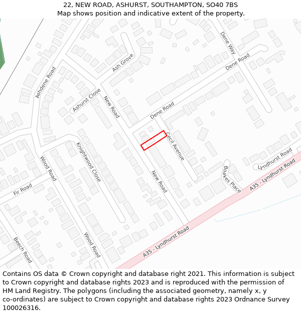 22, NEW ROAD, ASHURST, SOUTHAMPTON, SO40 7BS: Location map and indicative extent of plot