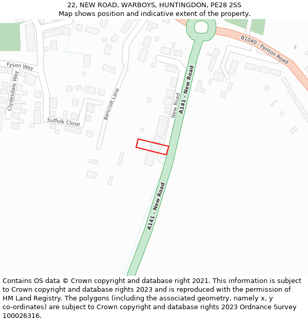 22, NEW ROAD, WARBOYS, HUNTINGDON, PE28 2SS: Location map and indicative extent of plot