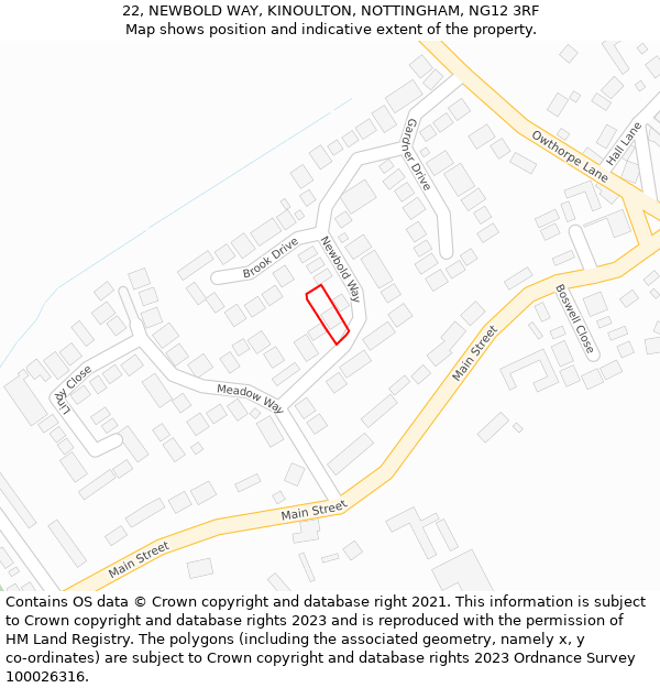 22, NEWBOLD WAY, KINOULTON, NOTTINGHAM, NG12 3RF: Location map and indicative extent of plot