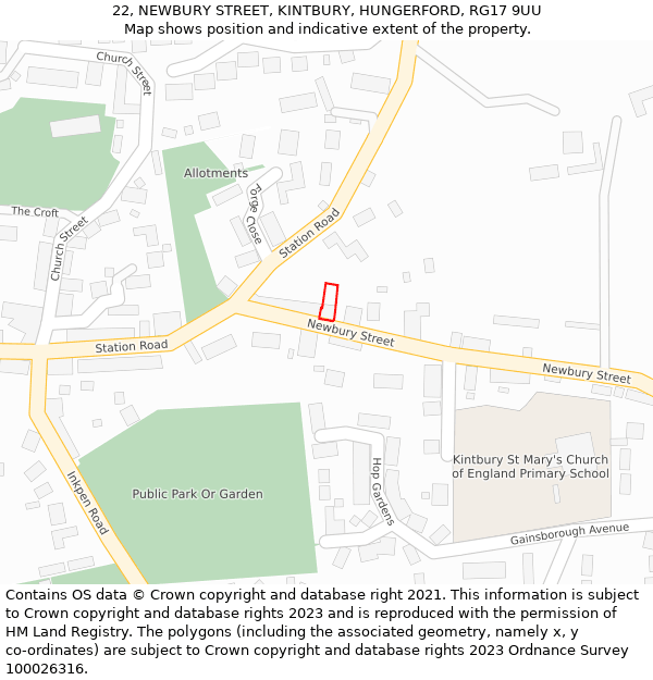 22, NEWBURY STREET, KINTBURY, HUNGERFORD, RG17 9UU: Location map and indicative extent of plot