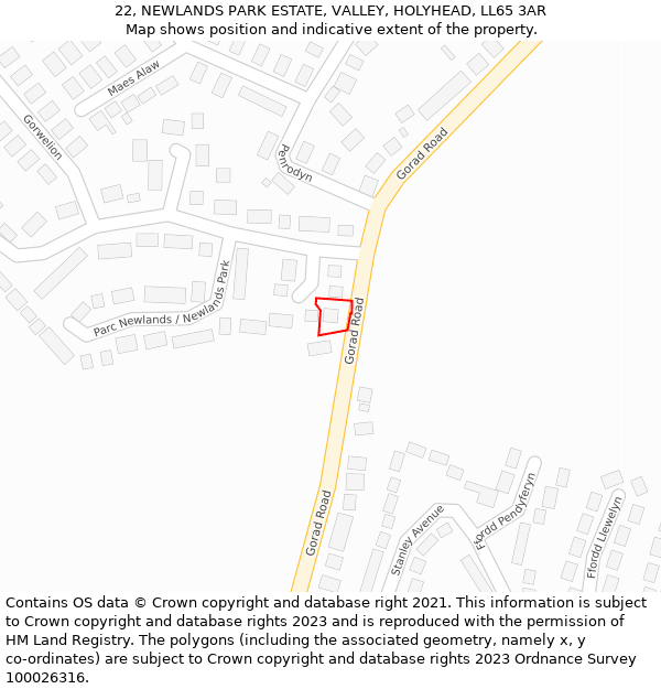 22, NEWLANDS PARK ESTATE, VALLEY, HOLYHEAD, LL65 3AR: Location map and indicative extent of plot