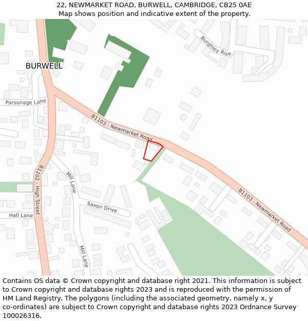 22, NEWMARKET ROAD, BURWELL, CAMBRIDGE, CB25 0AE: Location map and indicative extent of plot