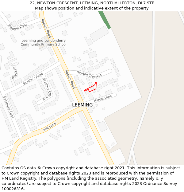 22, NEWTON CRESCENT, LEEMING, NORTHALLERTON, DL7 9TB: Location map and indicative extent of plot