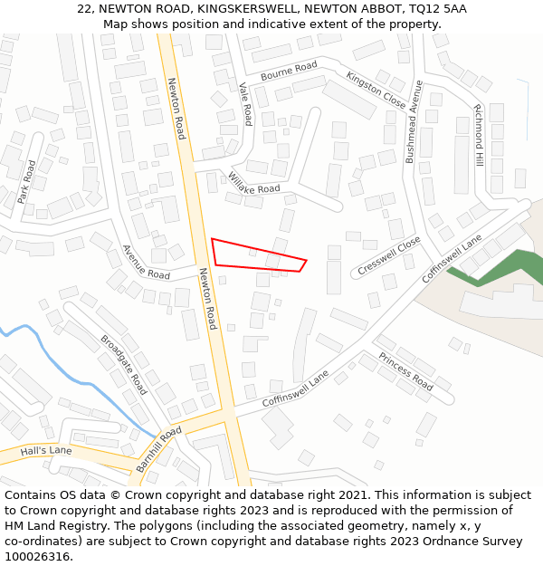 22, NEWTON ROAD, KINGSKERSWELL, NEWTON ABBOT, TQ12 5AA: Location map and indicative extent of plot