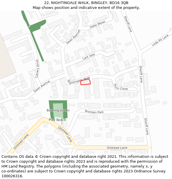 22, NIGHTINGALE WALK, BINGLEY, BD16 3QB: Location map and indicative extent of plot