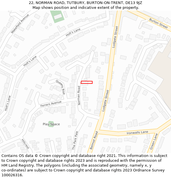 22, NORMAN ROAD, TUTBURY, BURTON-ON-TRENT, DE13 9JZ: Location map and indicative extent of plot