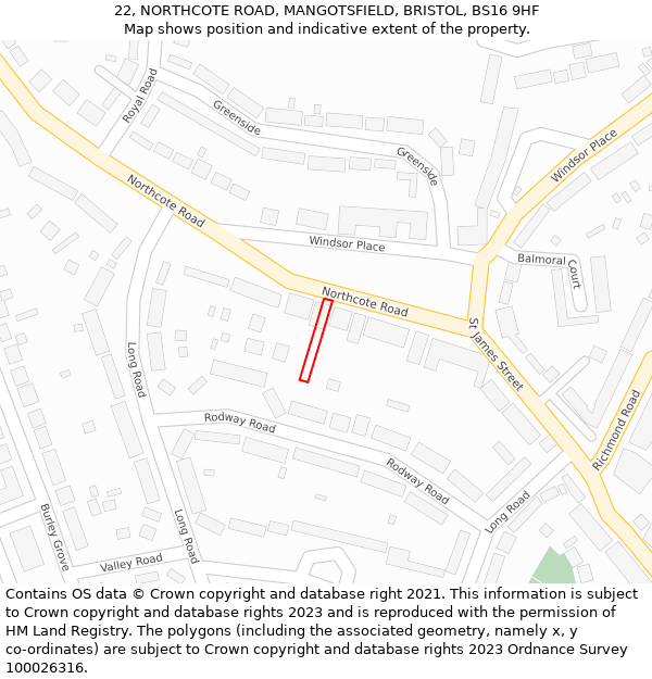 22, NORTHCOTE ROAD, MANGOTSFIELD, BRISTOL, BS16 9HF: Location map and indicative extent of plot