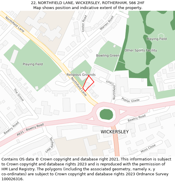 22, NORTHFIELD LANE, WICKERSLEY, ROTHERHAM, S66 2HF: Location map and indicative extent of plot