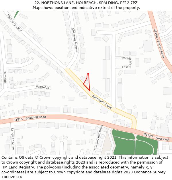 22, NORTHONS LANE, HOLBEACH, SPALDING, PE12 7PZ: Location map and indicative extent of plot