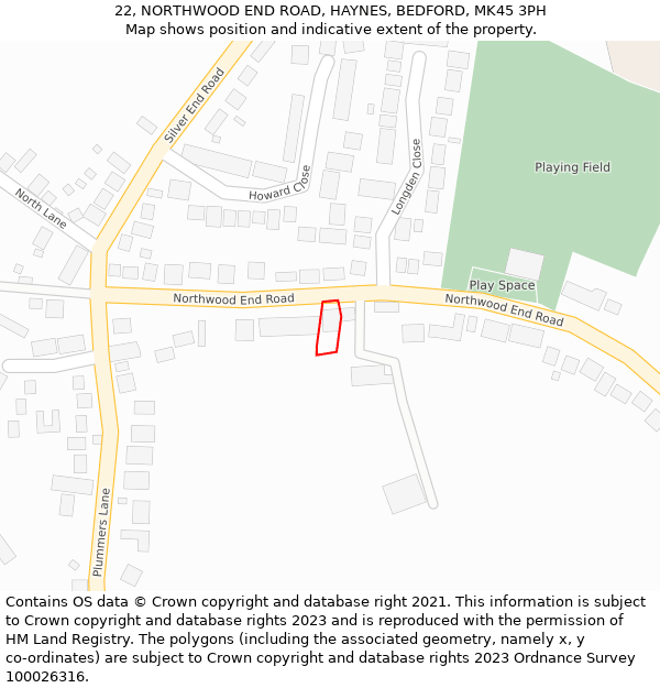 22, NORTHWOOD END ROAD, HAYNES, BEDFORD, MK45 3PH: Location map and indicative extent of plot