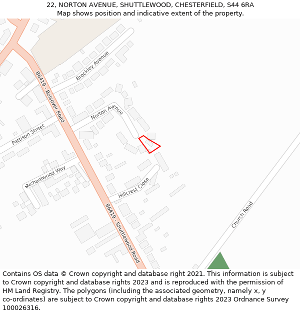 22, NORTON AVENUE, SHUTTLEWOOD, CHESTERFIELD, S44 6RA: Location map and indicative extent of plot