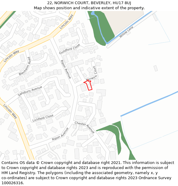 22, NORWICH COURT, BEVERLEY, HU17 8UJ: Location map and indicative extent of plot