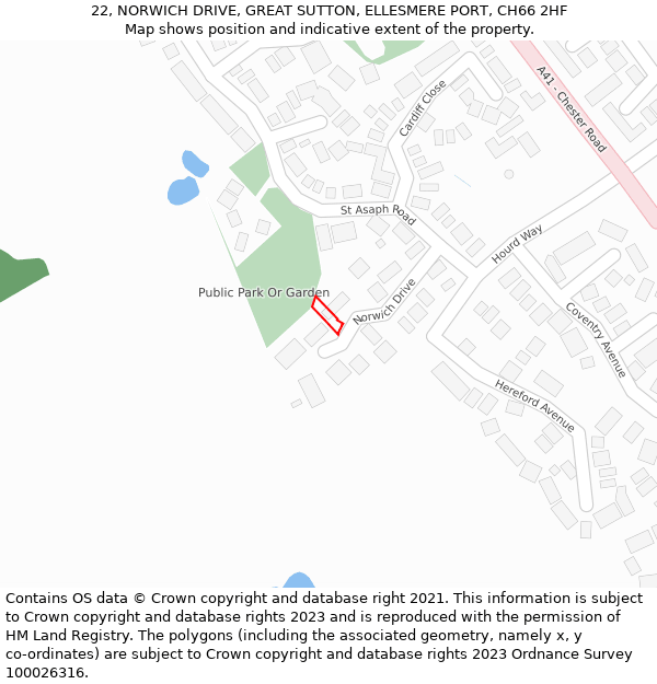 22, NORWICH DRIVE, GREAT SUTTON, ELLESMERE PORT, CH66 2HF: Location map and indicative extent of plot