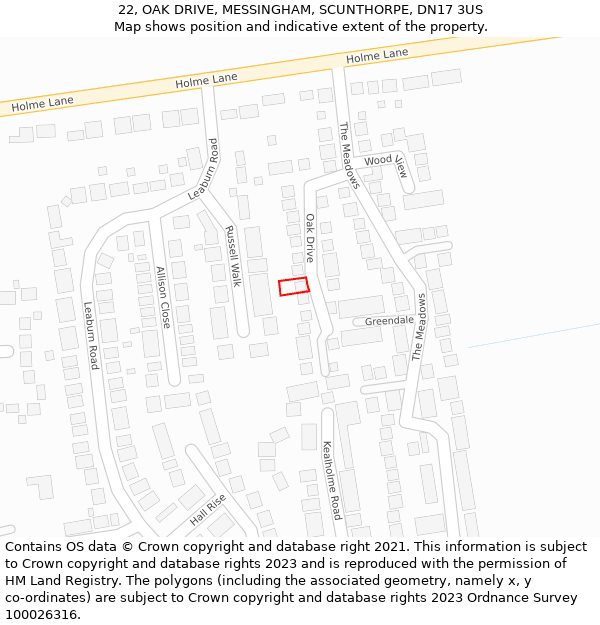 22, OAK DRIVE, MESSINGHAM, SCUNTHORPE, DN17 3US: Location map and indicative extent of plot