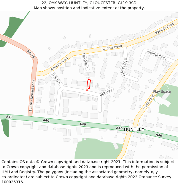 22, OAK WAY, HUNTLEY, GLOUCESTER, GL19 3SD: Location map and indicative extent of plot