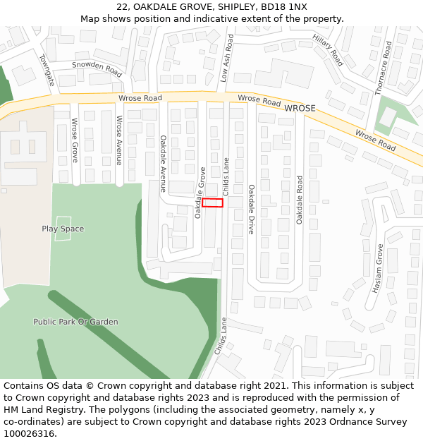 22, OAKDALE GROVE, SHIPLEY, BD18 1NX: Location map and indicative extent of plot