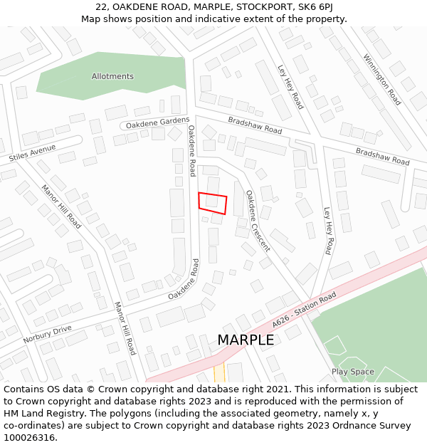 22, OAKDENE ROAD, MARPLE, STOCKPORT, SK6 6PJ: Location map and indicative extent of plot