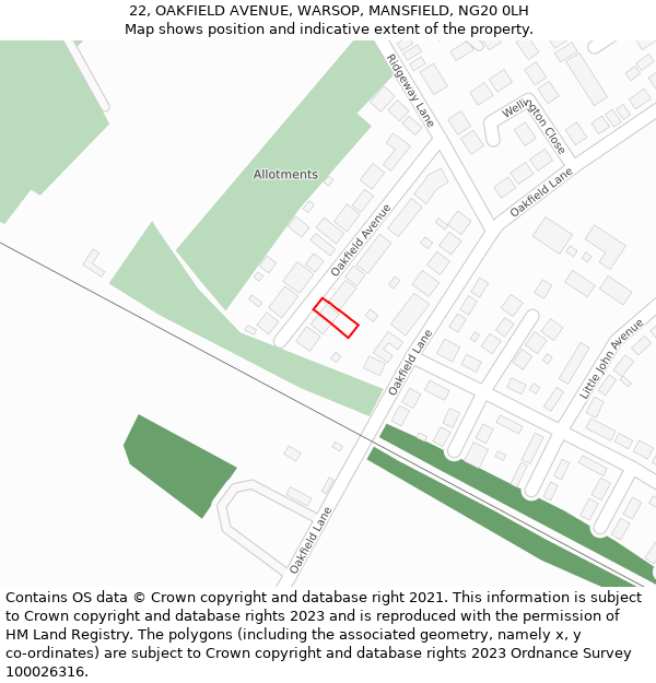 22, OAKFIELD AVENUE, WARSOP, MANSFIELD, NG20 0LH: Location map and indicative extent of plot