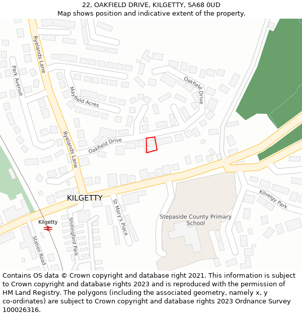 22, OAKFIELD DRIVE, KILGETTY, SA68 0UD: Location map and indicative extent of plot