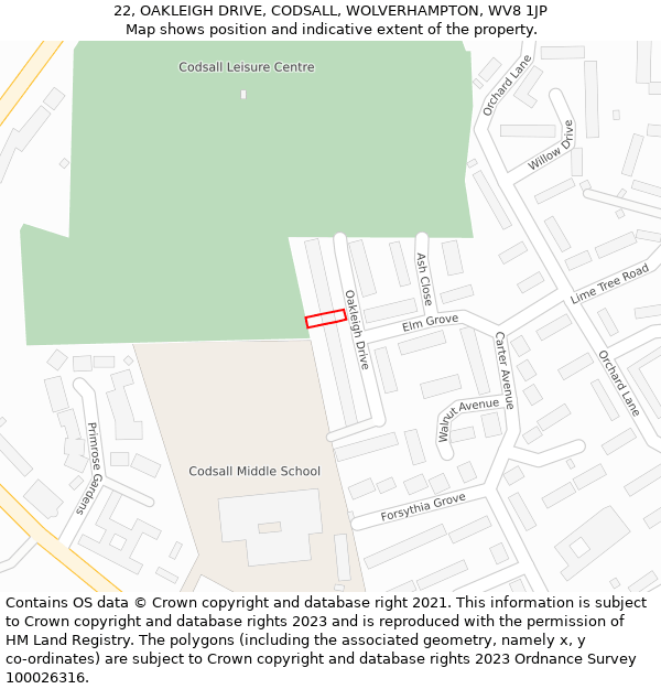 22, OAKLEIGH DRIVE, CODSALL, WOLVERHAMPTON, WV8 1JP: Location map and indicative extent of plot