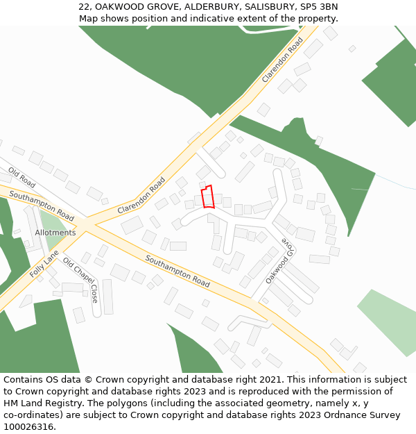 22, OAKWOOD GROVE, ALDERBURY, SALISBURY, SP5 3BN: Location map and indicative extent of plot