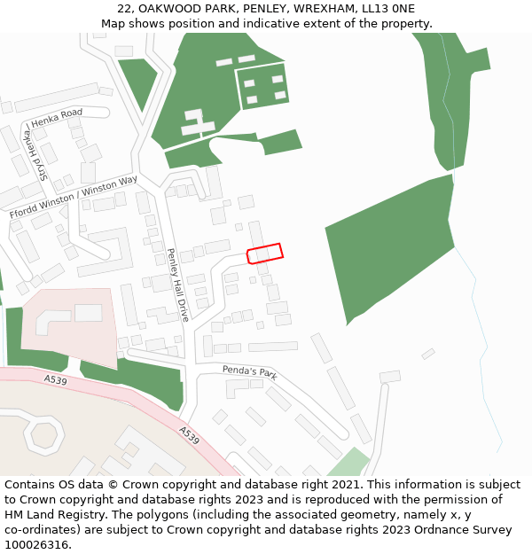 22, OAKWOOD PARK, PENLEY, WREXHAM, LL13 0NE: Location map and indicative extent of plot