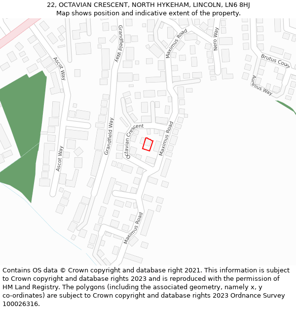 22, OCTAVIAN CRESCENT, NORTH HYKEHAM, LINCOLN, LN6 8HJ: Location map and indicative extent of plot