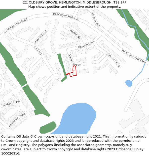 22, OLDBURY GROVE, HEMLINGTON, MIDDLESBROUGH, TS8 9PF: Location map and indicative extent of plot