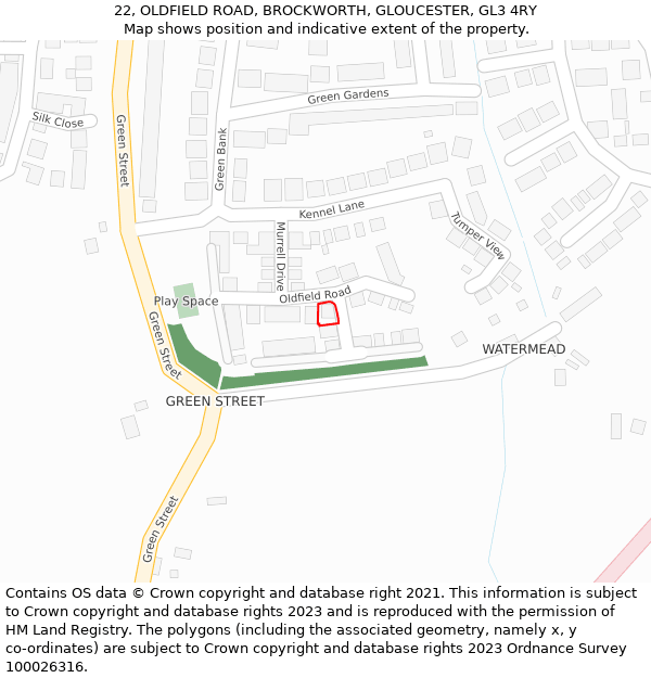 22, OLDFIELD ROAD, BROCKWORTH, GLOUCESTER, GL3 4RY: Location map and indicative extent of plot