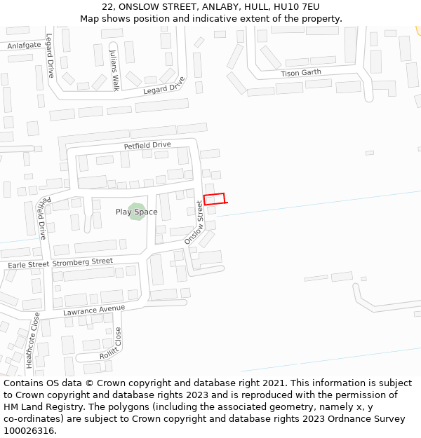 22, ONSLOW STREET, ANLABY, HULL, HU10 7EU: Location map and indicative extent of plot