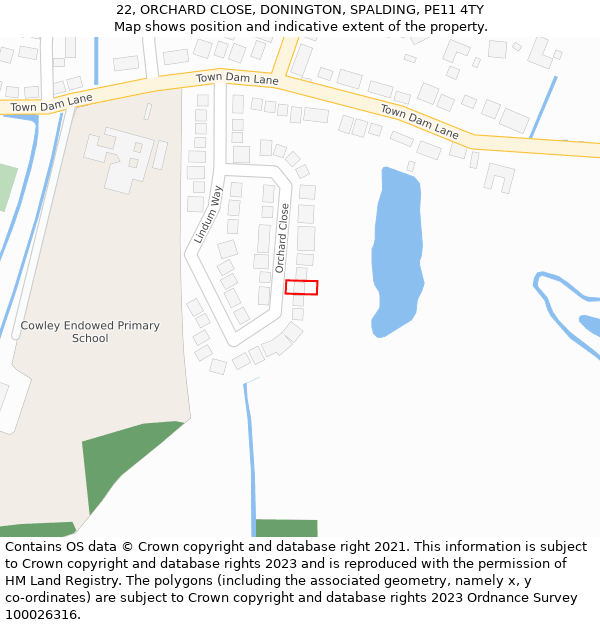 22, ORCHARD CLOSE, DONINGTON, SPALDING, PE11 4TY: Location map and indicative extent of plot