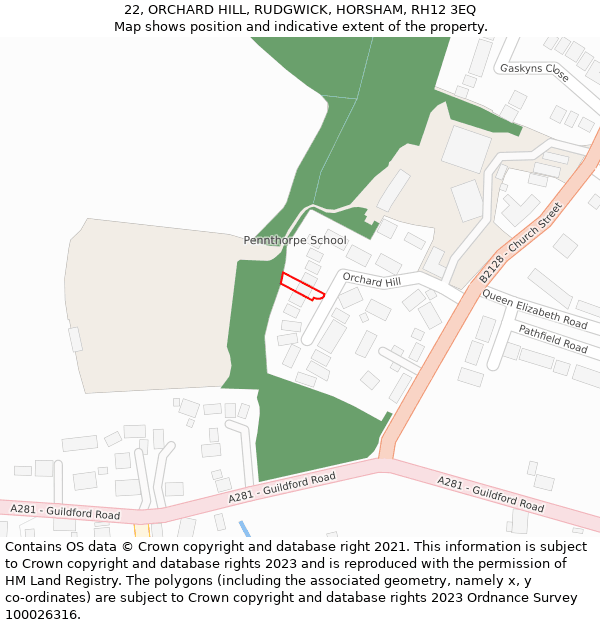 22, ORCHARD HILL, RUDGWICK, HORSHAM, RH12 3EQ: Location map and indicative extent of plot